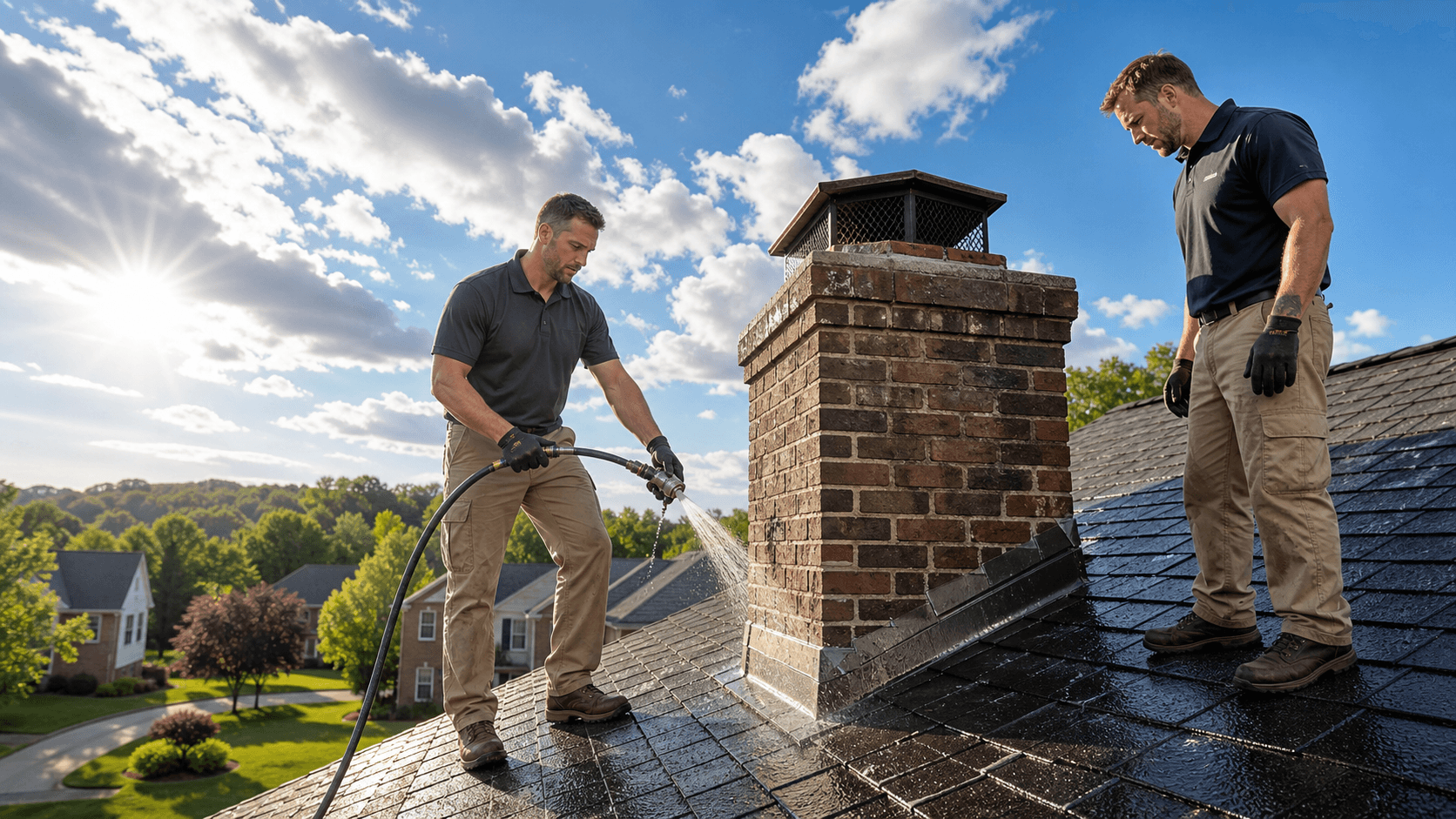 Close-up of a brick chimney as a hose sprays water over metal flashing beneath a cloudy sky.