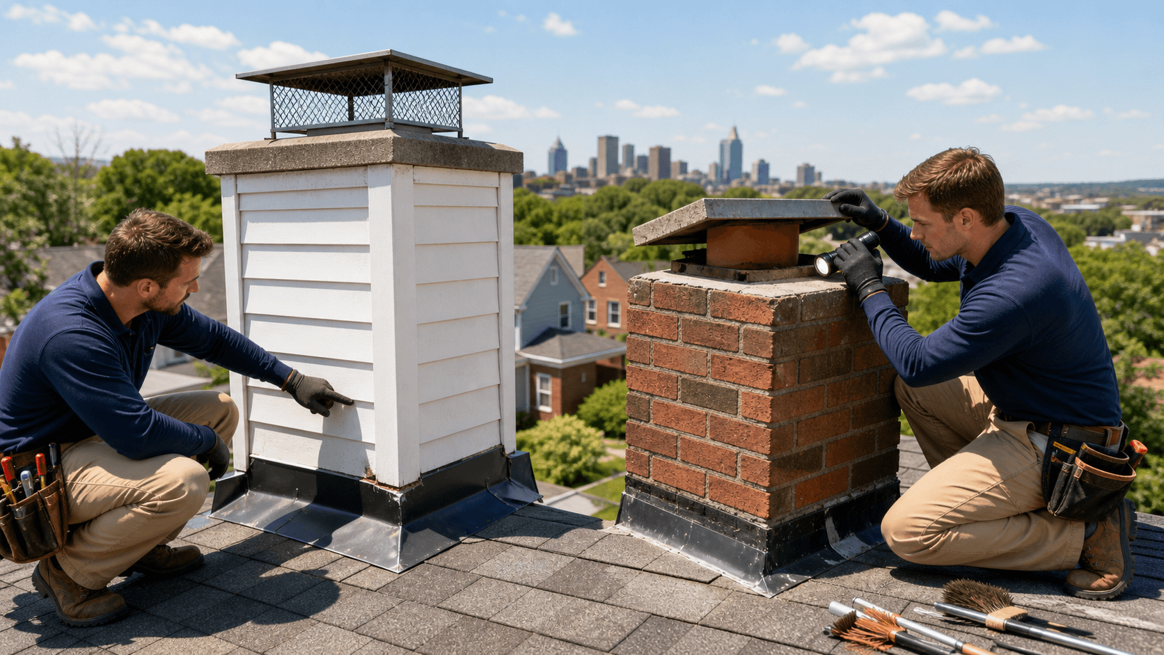 Split view of a metal chimney chase and red brick stack against a bright blue sky.