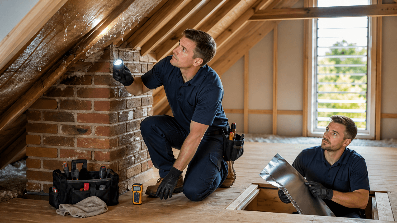 Sunlit attic with damp dark stains around a brick chimney and wet insulation after a storm.