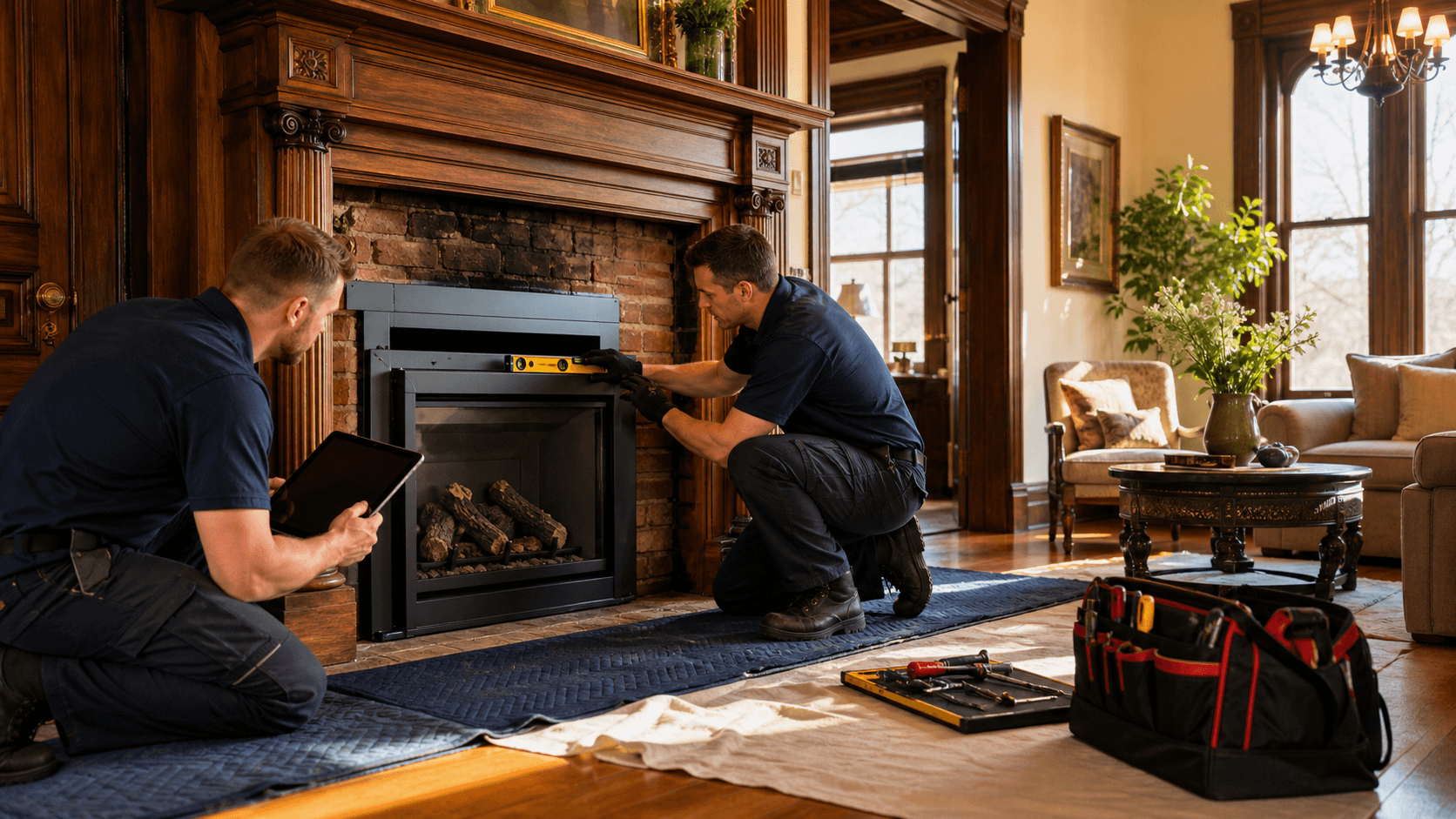 Cozy living room with a brick fireplace, vintage mantel, warm firelight, and historic home decor.