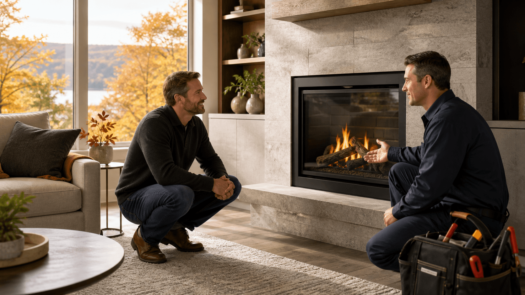 Cozy modern living room with a glowing gas fireplace, warm autumn accents, and soft golden lighting.