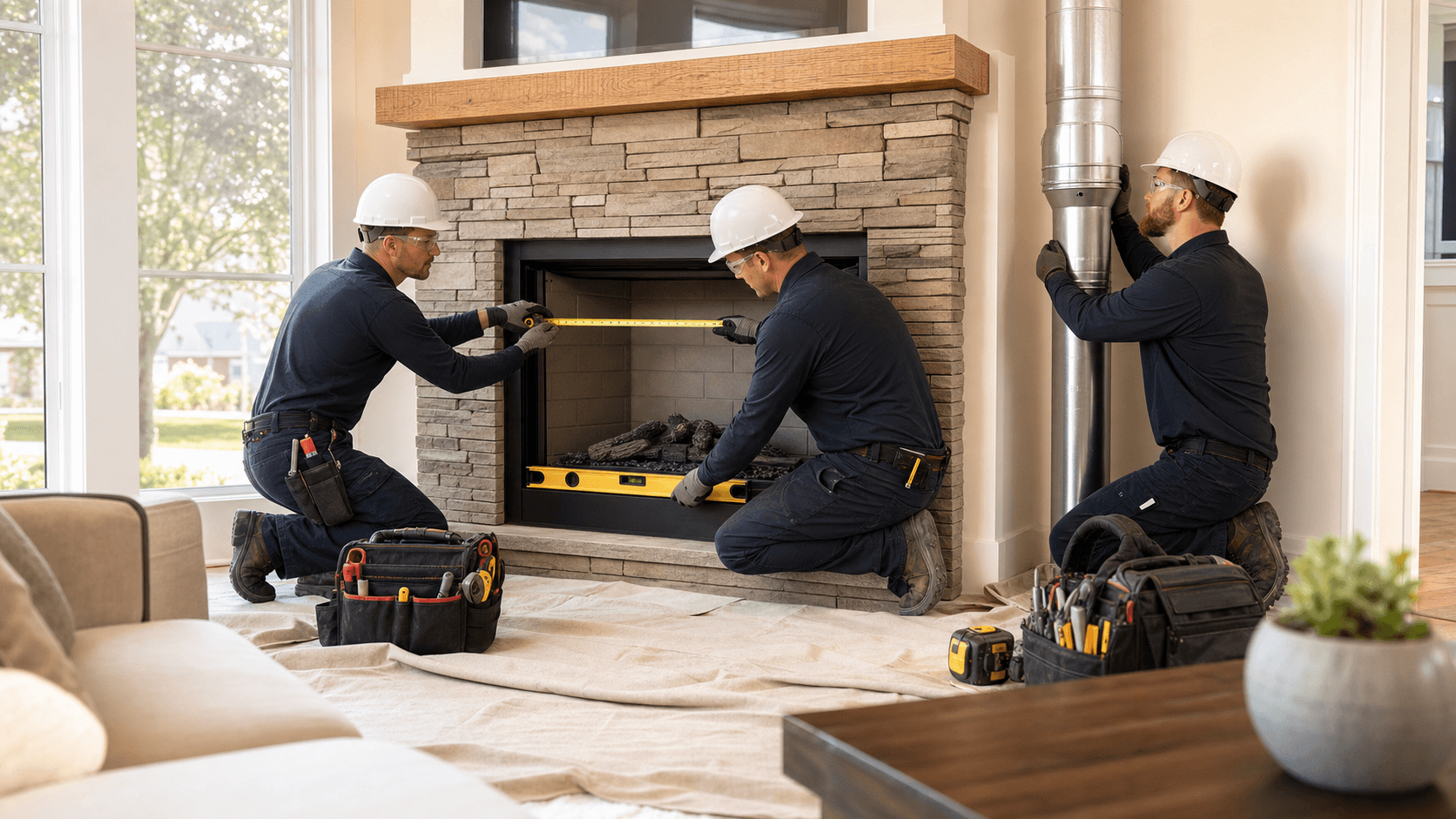 Modern living room with a stone fireplace, orange flames glowing, and a technician inspecting the firebox with a clipboard