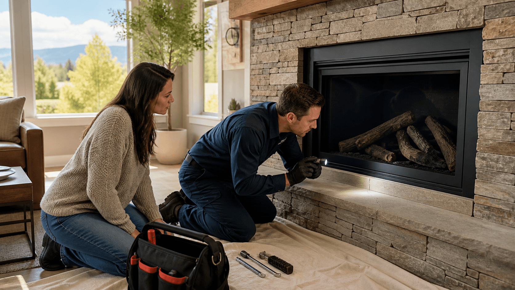 Technician inspecting a brick fireplace with minor cracks in a warmly lit living room