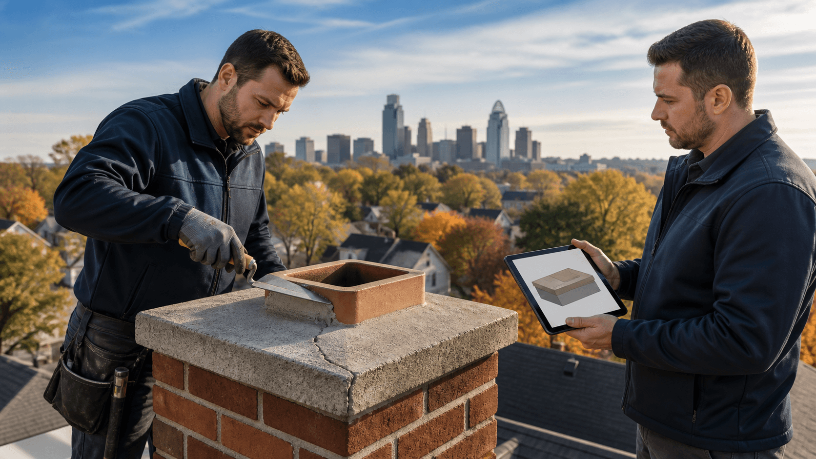 Close-up of a cracked gray chimney crown with fresh mortar patches under a cloudy sky.