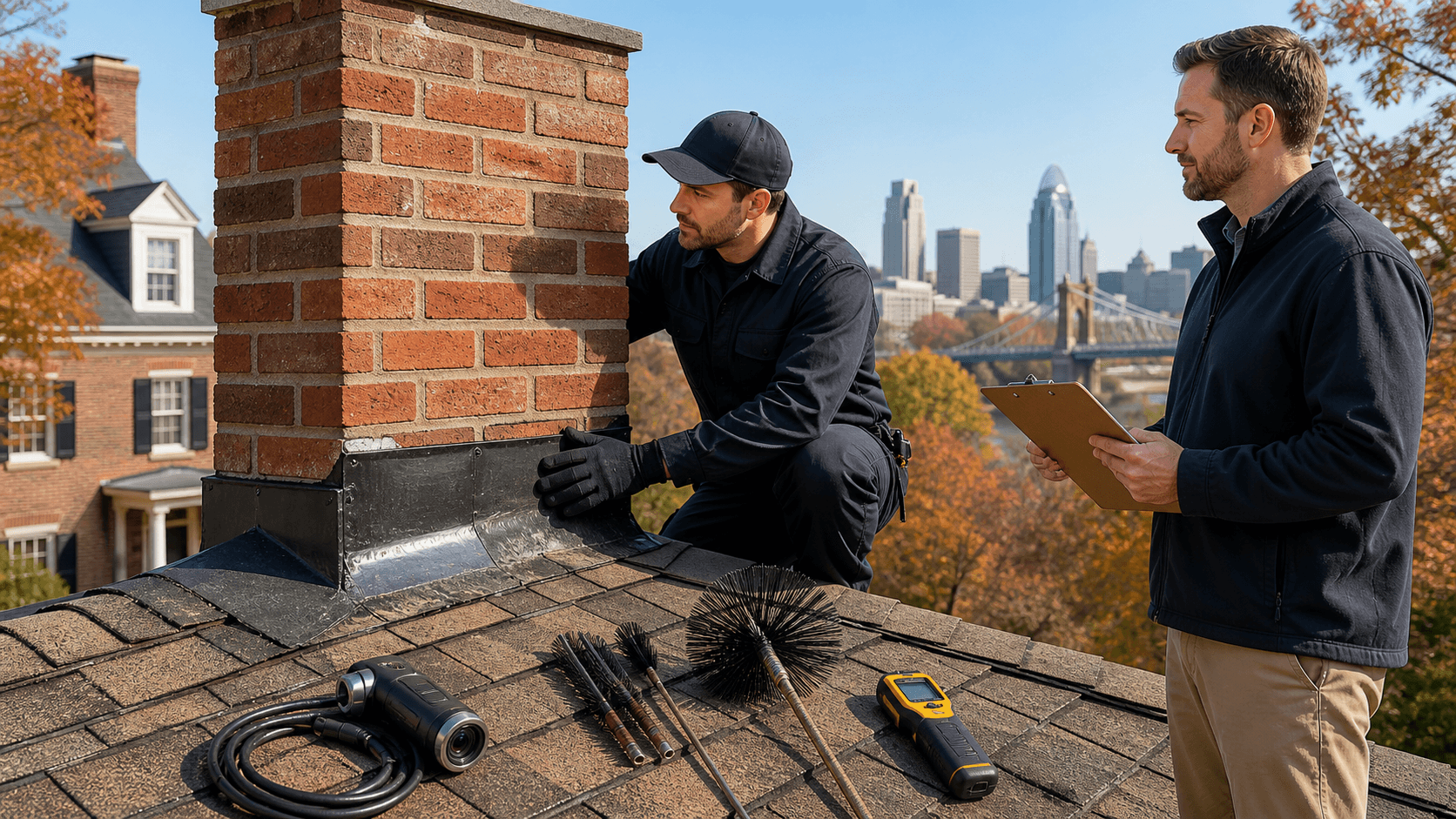 Brick chimney with a ladder and inspection tools against a bright blue sky
