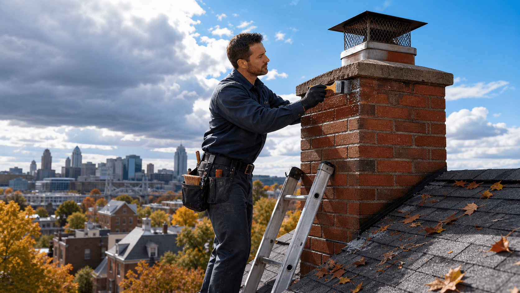 Brick chimney against a cloudy Cincinnati skyline, with rain clouds and warm sunlight breaking through.