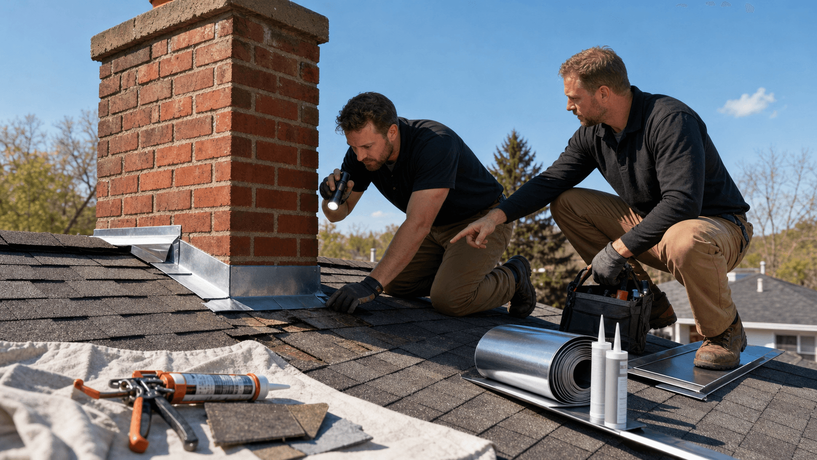 Rooftop close-up of brick chimney with flashing and water stains, tool belt and caulk gun in daylight.
