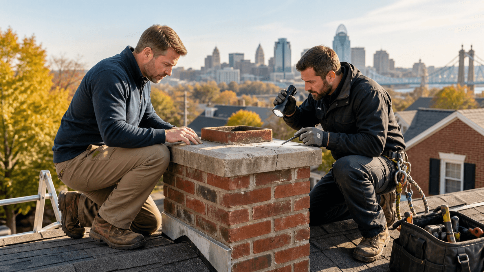 Close-up of a brick chimney crown with visible cracks against a bright Cincinnati skyline.