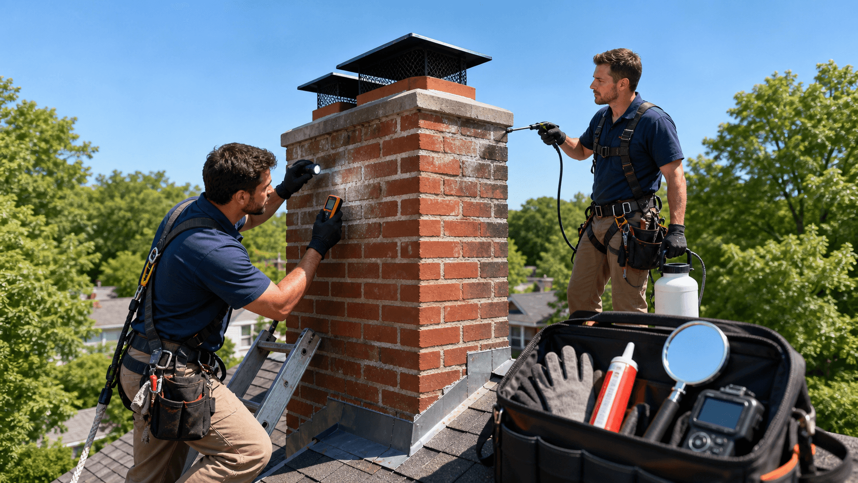 Sunlit brick chimney on a suburban roof with a waterproofing checklist clipboard and tools arranged beside it.