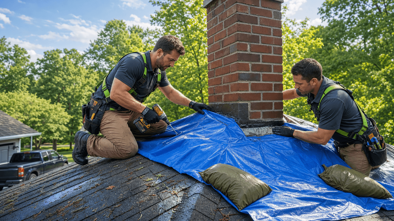 Blue tarp secured on a shingled roof near a brick chimney under a cloudy sky, with wet surfaces and debris nearby