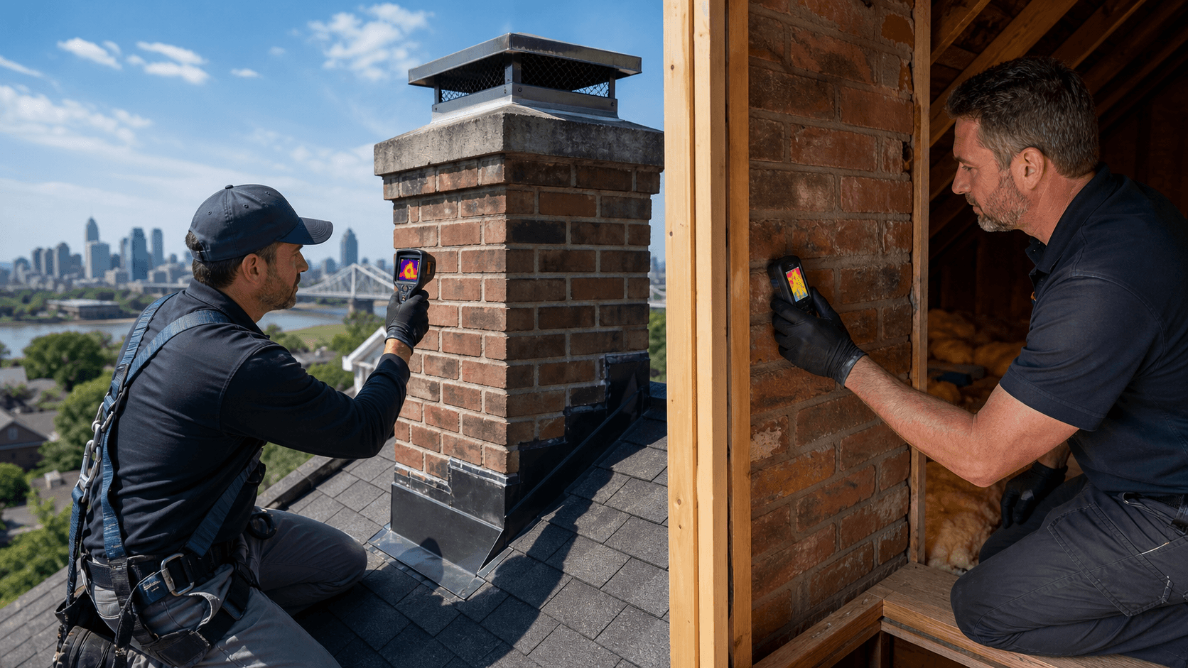 Technician scans a brick chimney with a thermal camera and moisture meter in warm evening light.