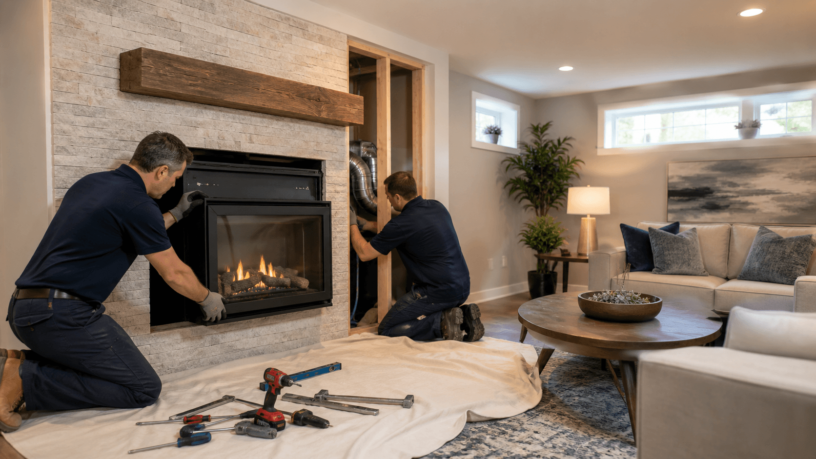 Modern basement lounge with a glowing gas fireplace, gray stone surround, and warm recessed lighting.