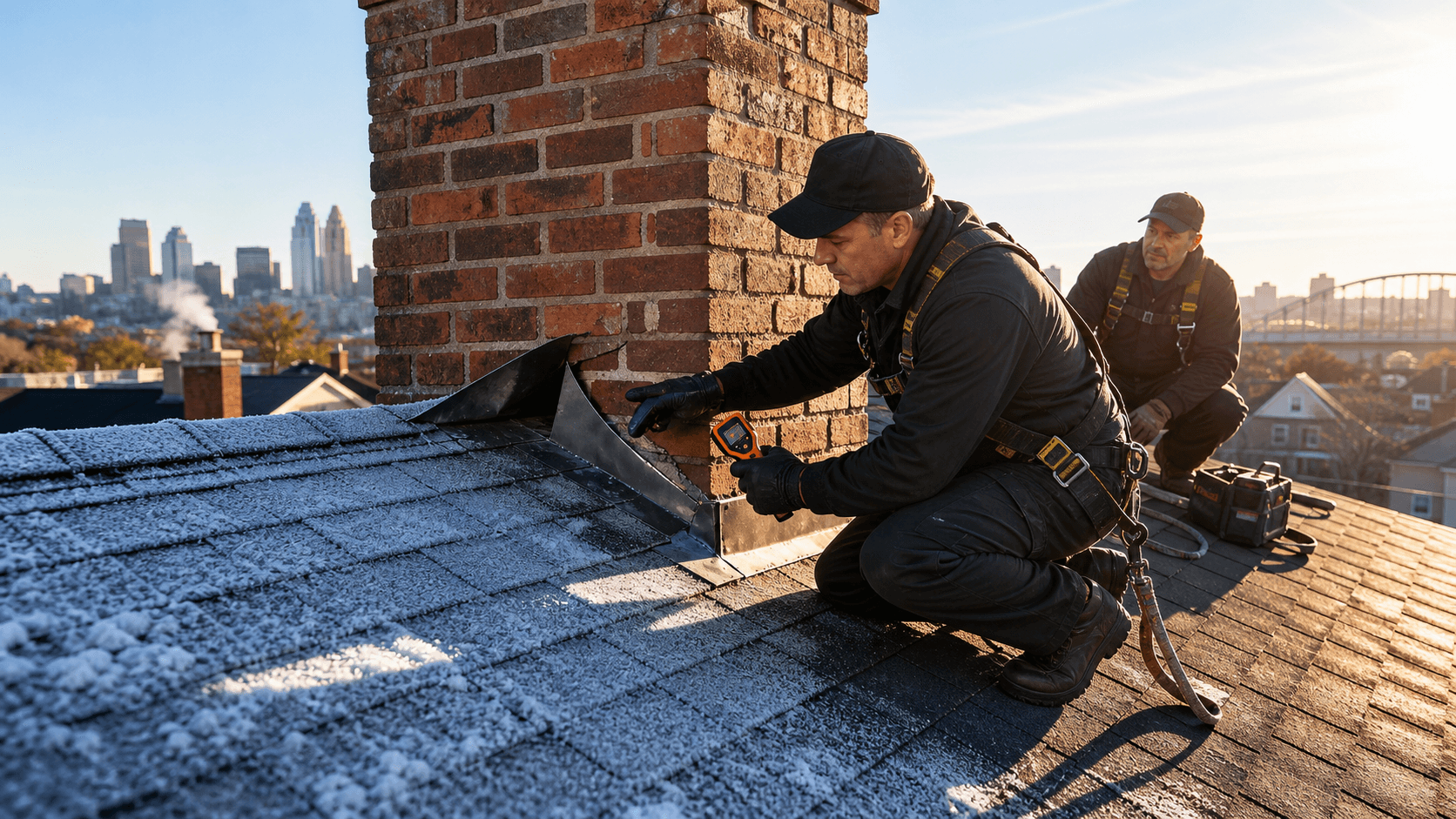 Brick chimney with metal flashing on a snowy roof, sunlit with dark storm clouds looming behind