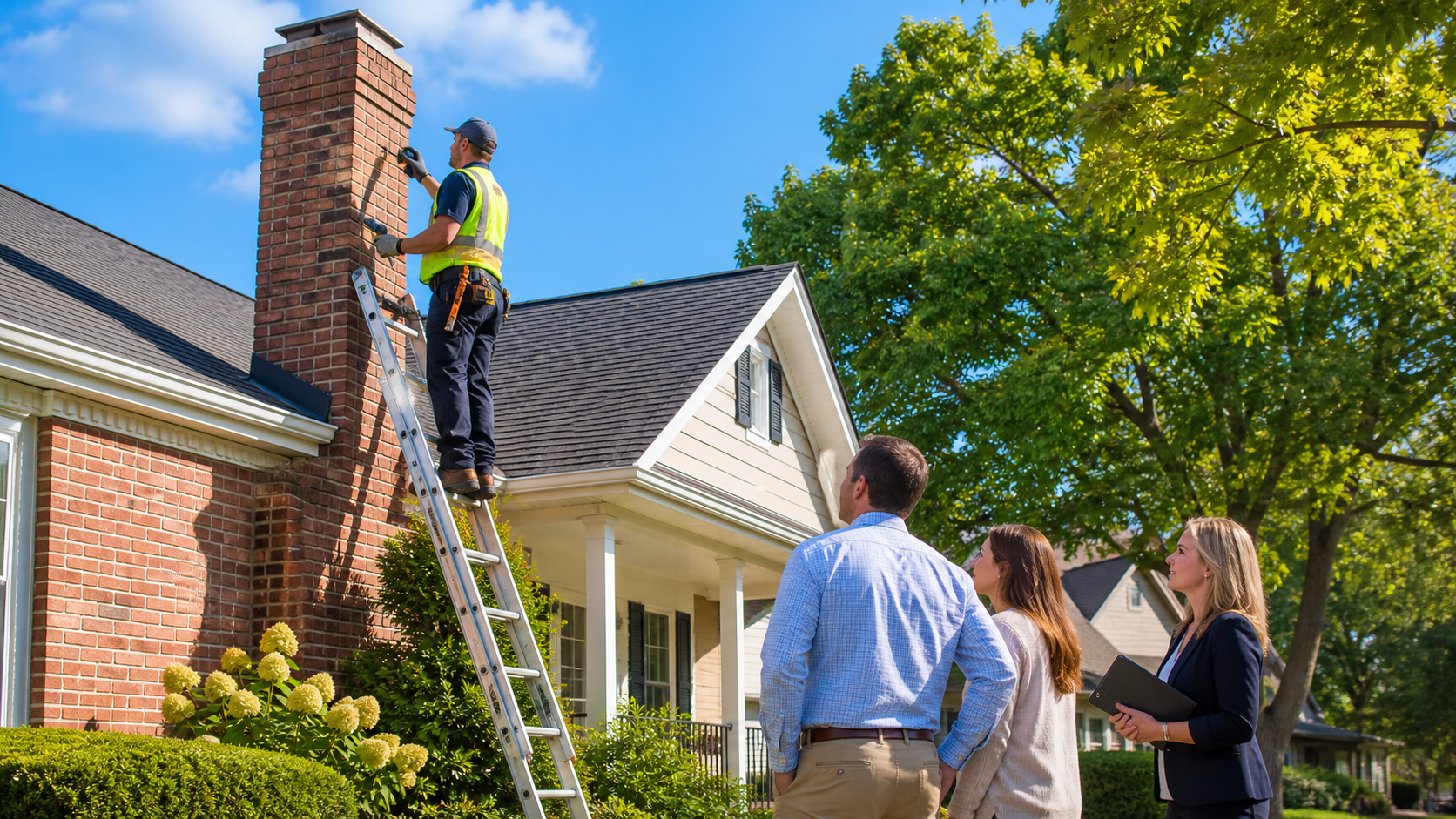 Home inspector examines a brick chimney with a flashlight beside a Cincinnati house at dusk.