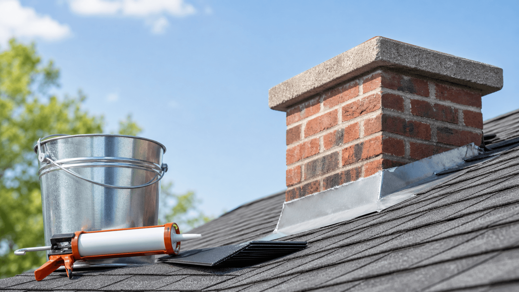 Worker on a ladder repairing shingles near a brick chimney on a rainy roof under gray skies
