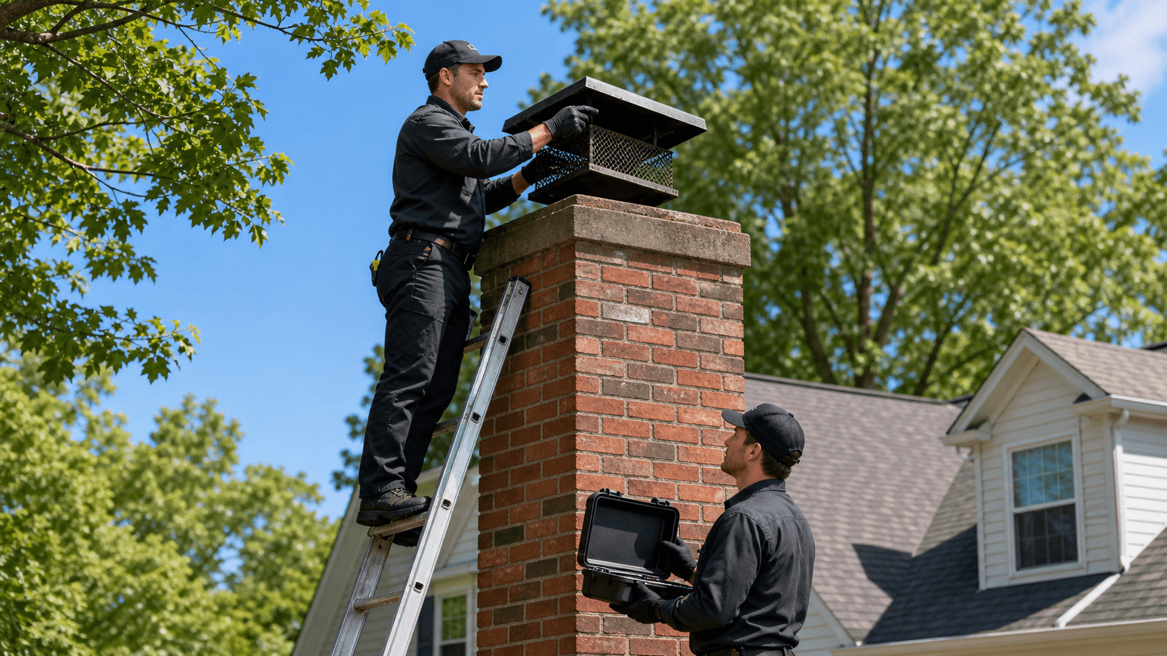 Sunlit brick fireplace with a chimney cap, green summer trees, and a small bird nest nearby.