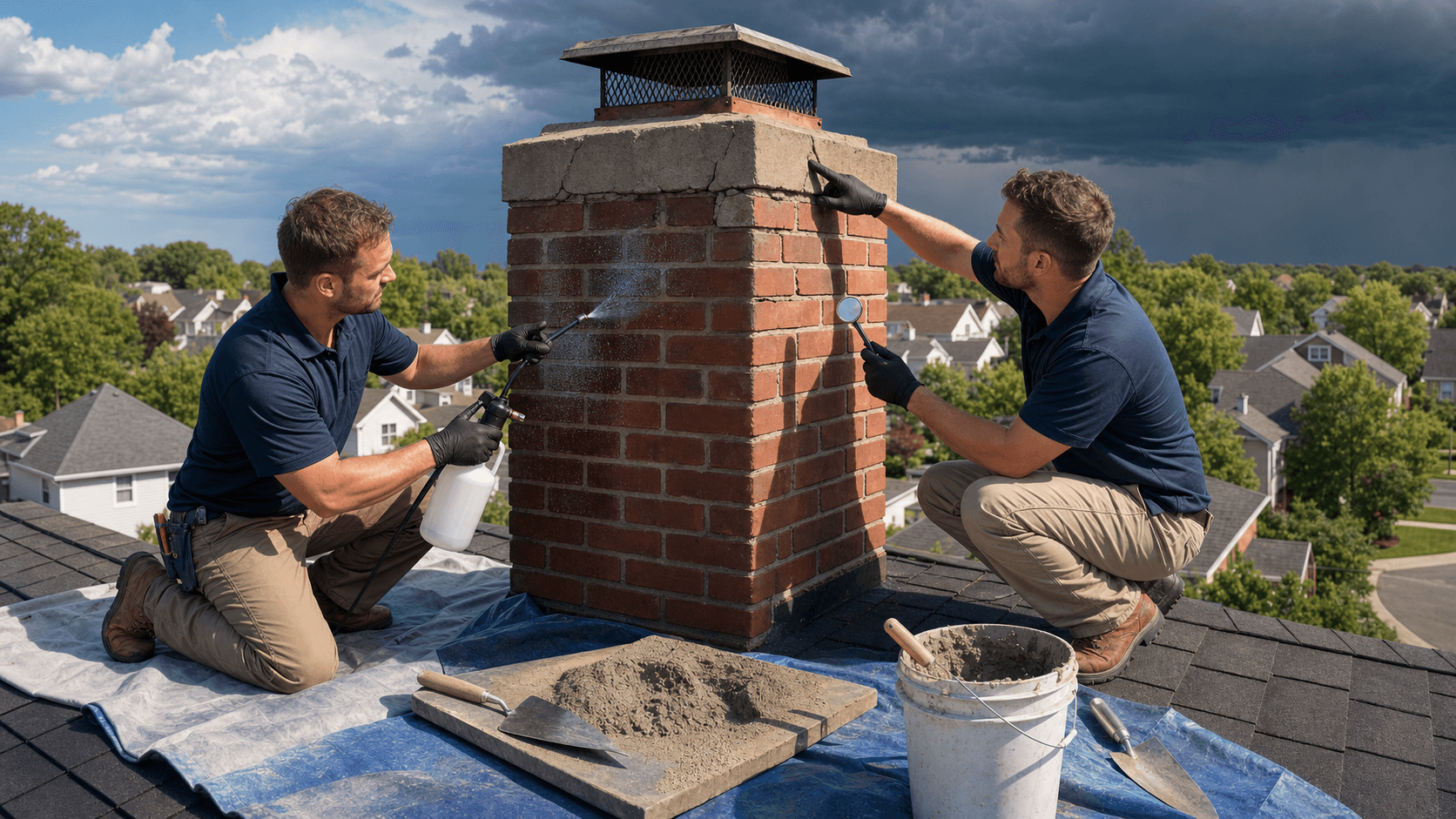 Brick chimney with fresh mortar and sealed crown on a suburban roof under dark storm clouds, rain streaks in background