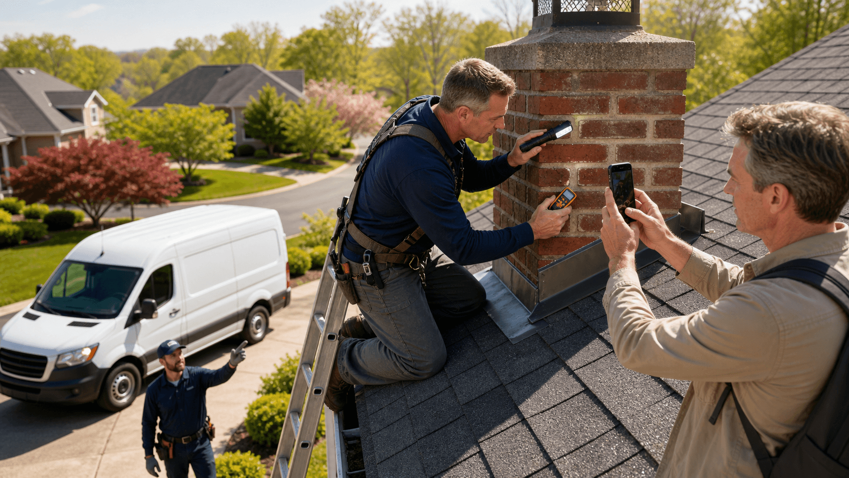 Person on a ladder inspecting a house roof and chimney, holding a clipboard under a bright blue sky