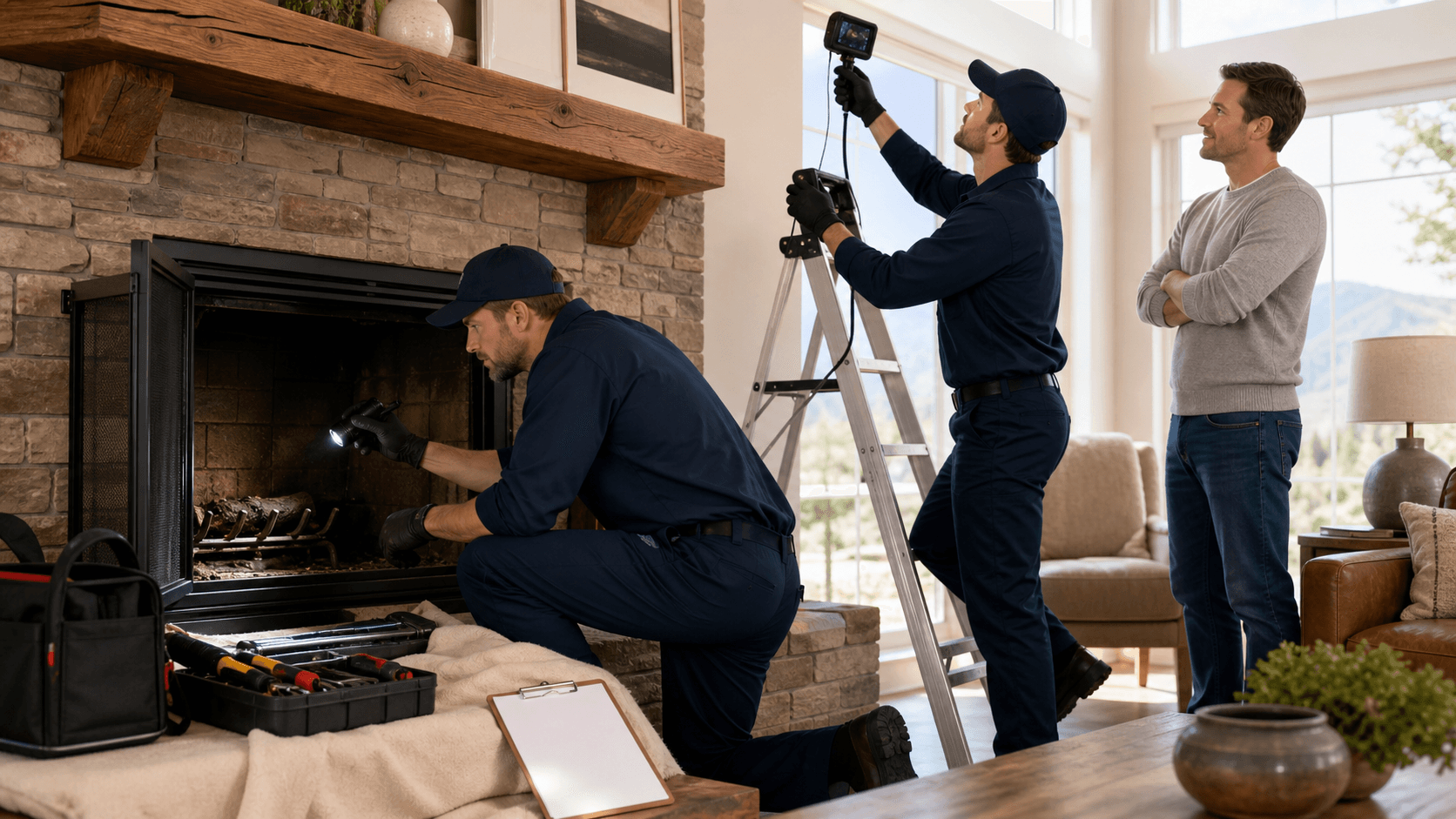 Warm living room with a stone fireplace, glowing flames, and a technician inspecting the hearth.
