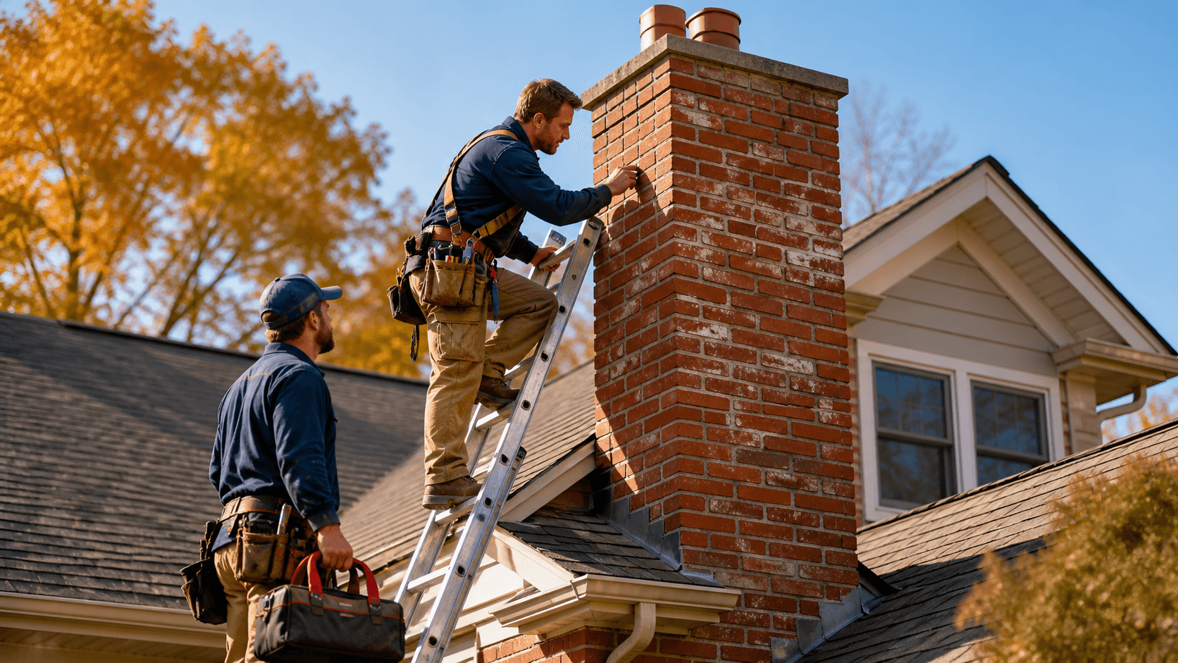 Close-up of a brick chimney with cracked mortar, framed against a bright blue sky and leafy trees.