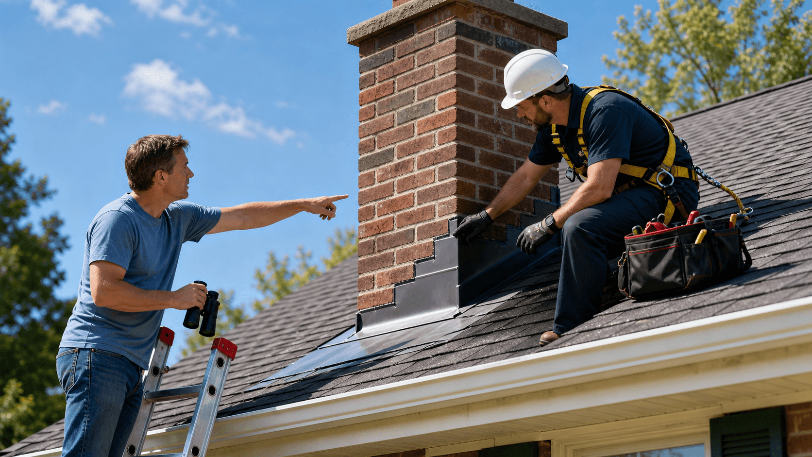 Close-up of gray roof shingles with metal flashing around a brick chimney under bright daylight