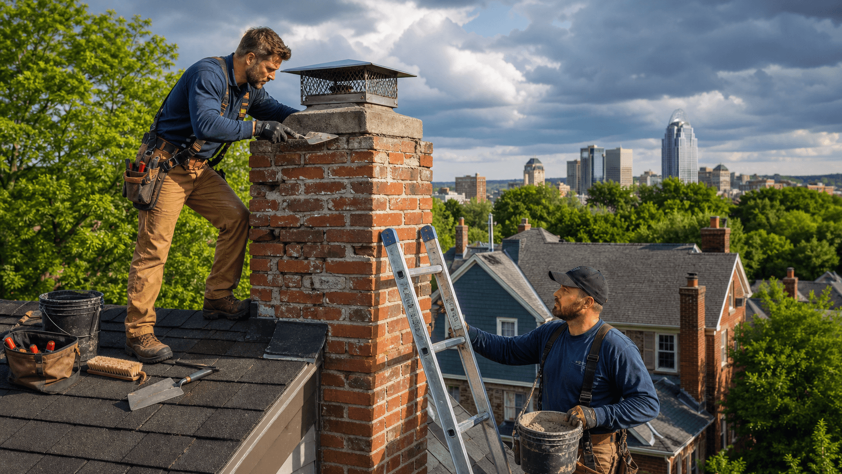 Brick chimney close-up with cracked gray mortar joints against a dark, stormy sky and dramatic lighting