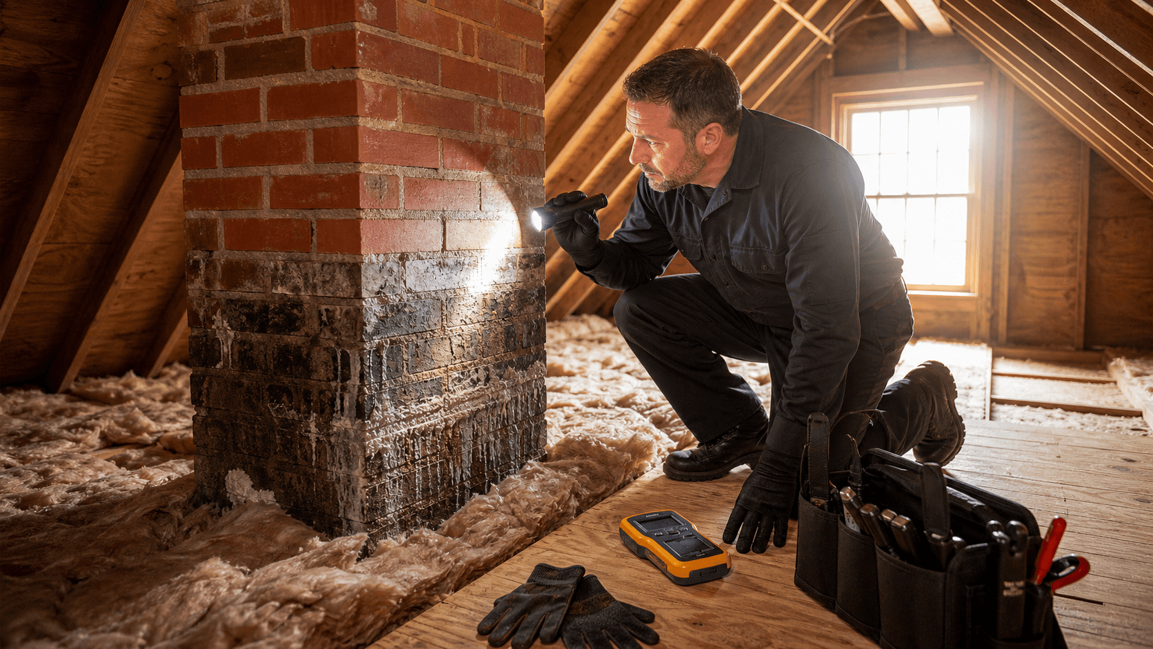 Dim attic with exposed beams, brick chimney, and dark water stains near flashing under a skylight.