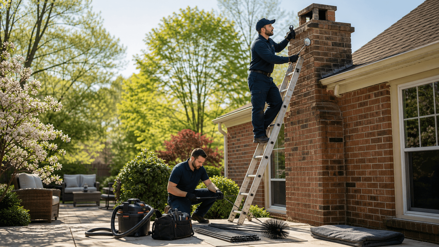 Sunlit brick chimney with a clipboard checklist and tools on a rooftop, soft spring greenery in background.