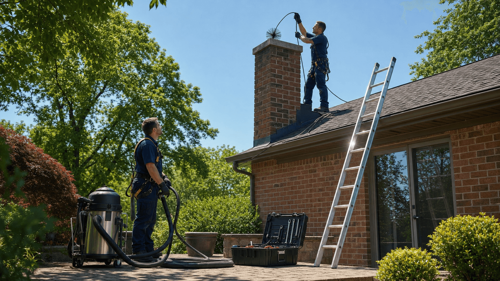 Worker in blue shirt brushes soot from a brick chimney on a sunny day, green trees and sky behind.