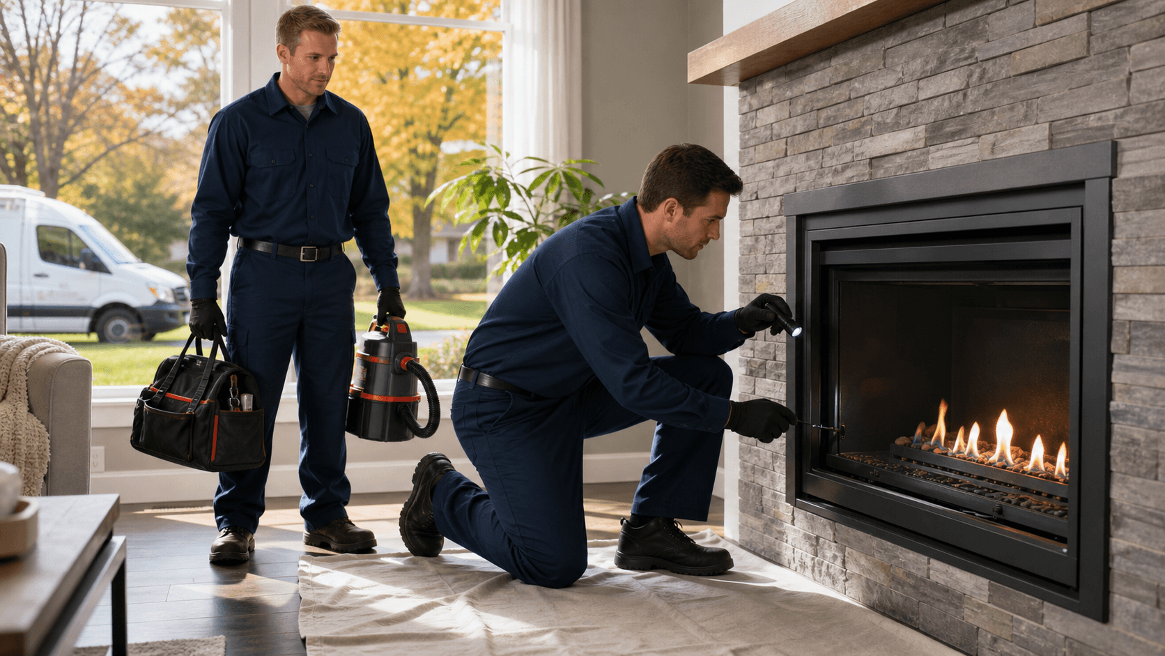 Cozy living room with a lit brick fireplace, warm orange glow, and a technician inspecting the hearth with tools.