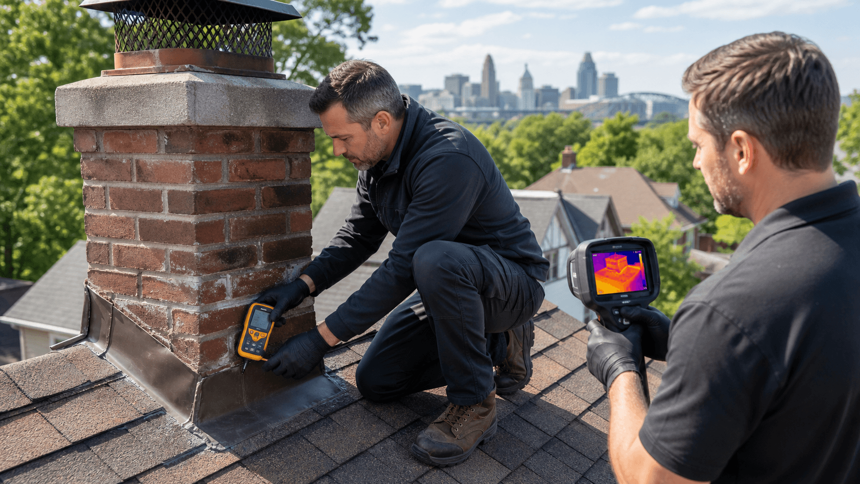 Close-up of a brick chimney with damp stains and cracked flashing beneath dark roof shingles.