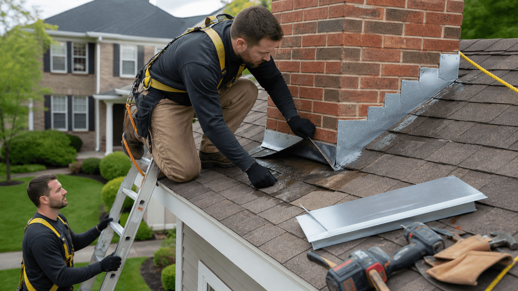 Close-up of rainwater staining dark shingles around a brick chimney under an overcast sky.