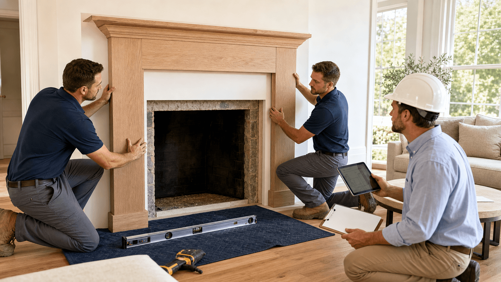 Checklist and permit forms beside a white oak fireplace with tools, warm indoor lighting and clean modern layout