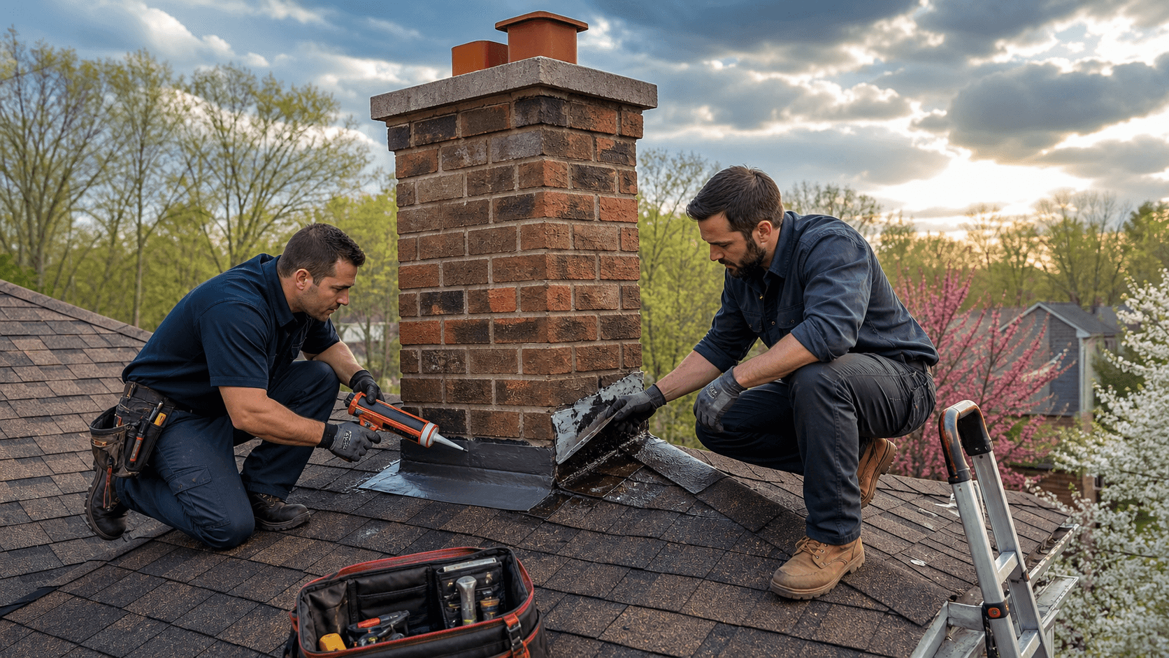 Rain-soaked rooftop with a brick chimney, dark storm clouds overhead, and water dripping along shingles